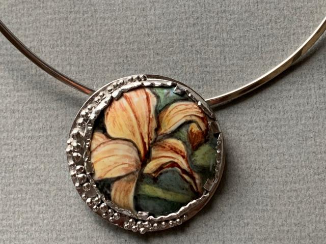 Orange and Green Painted Enameled Flower Disc Pendant