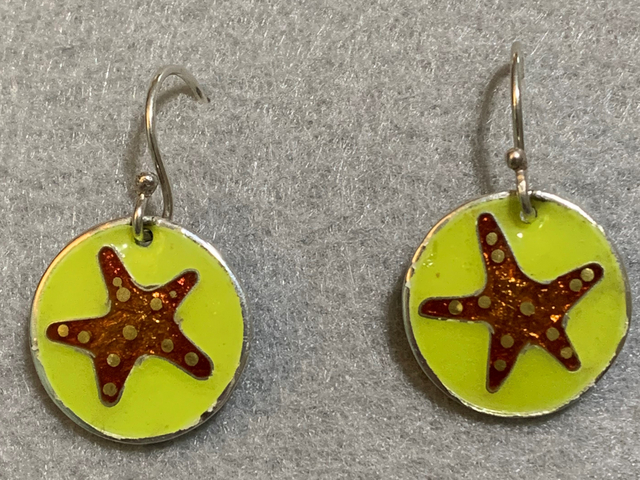 enameled cloisonné starfish earrings on fine silver with 24 karat gold dots