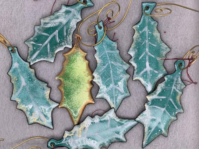 Enameled Copper Leaf Christmas Ornaments