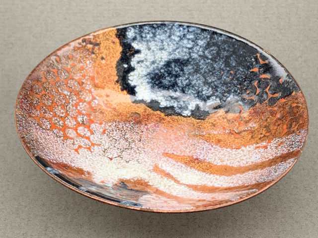 Orange, Black and White Enameled Dish