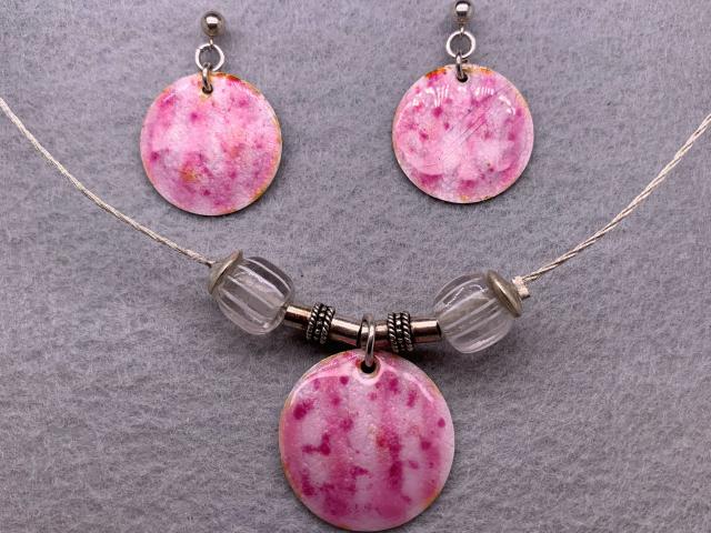 Pink Enameled Disc Earrings and Pendant Set