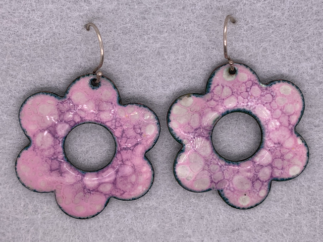 Pink Enameled Open Flower Dangle Earrings
