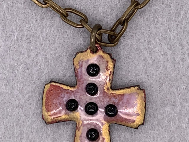 Black Beaded Enameled Copper Cross Pendant