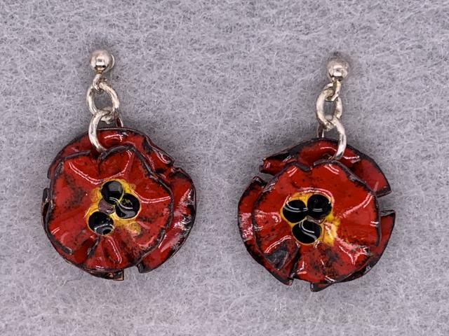 Red & Black Enameled Poppy Flower Earrings