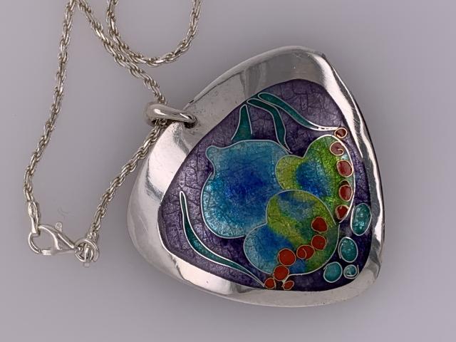 cloisonne enameled triangular silver pendant with sterling silver chain