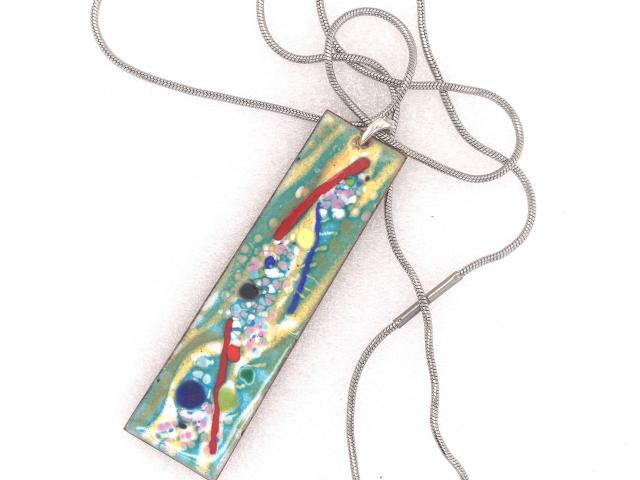 Rectangle Enameled and Copper Pendant with Steel Chain