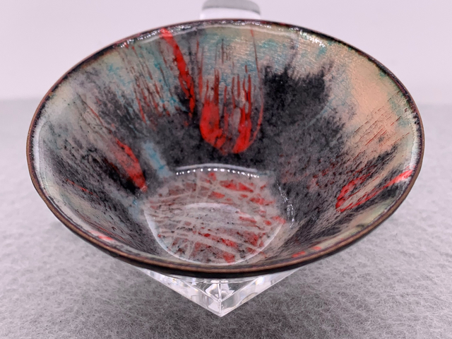 Red, Black, Teal Enameled Striped and Smudged Bowl