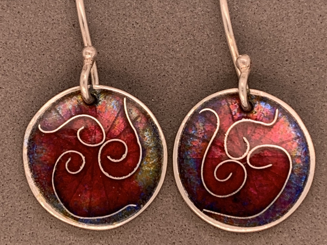 Red Cloisonné Enameled Disc Earrings with Swirl Design