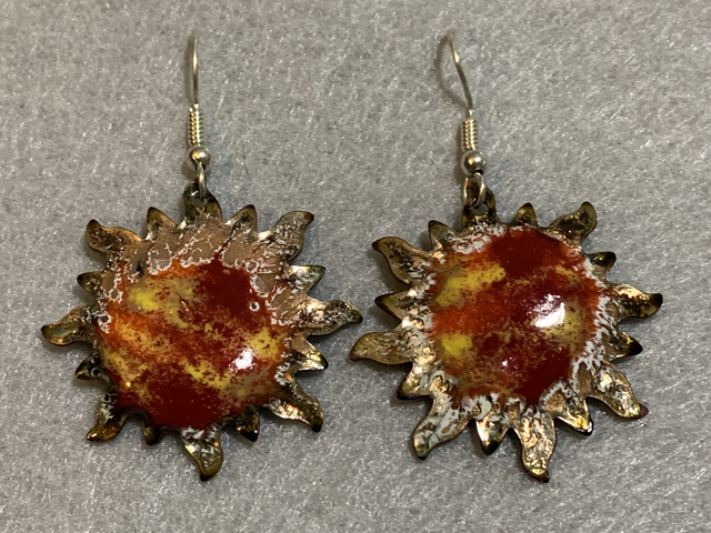 Red and Gold Enameled Sun Earrings