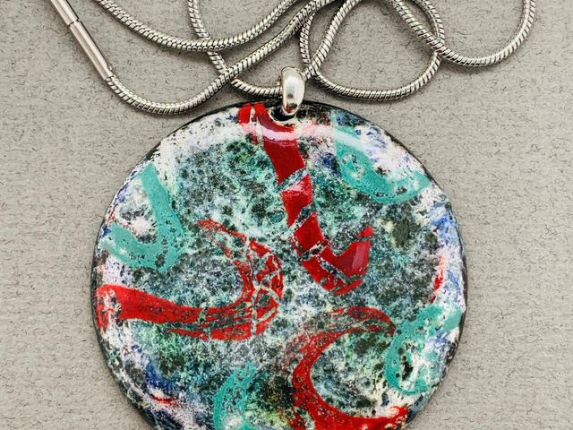 Teal and Red Swirled Enamel Disc Pendant