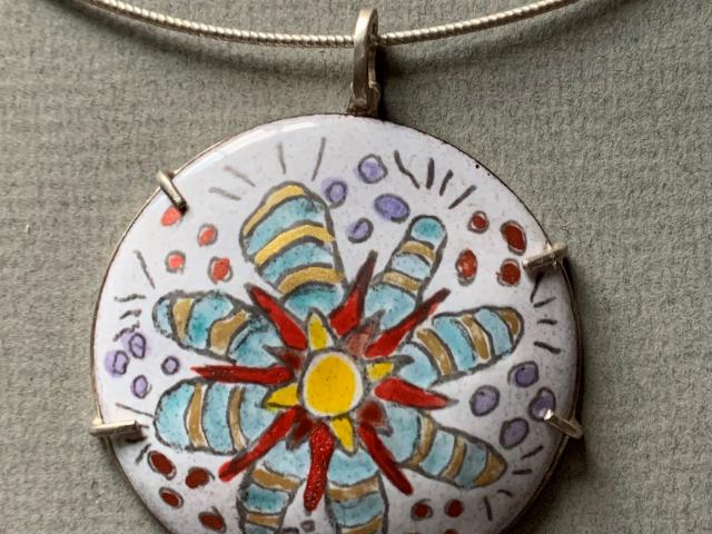 Colorful Painted Flower Enameled Disc Pendant