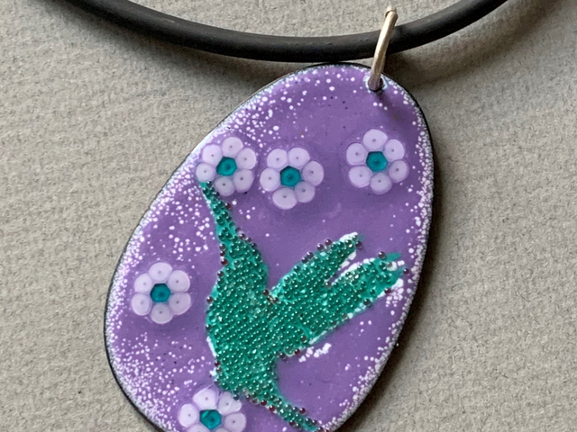 Reversible Hummingbird Enameled Oval Pendant