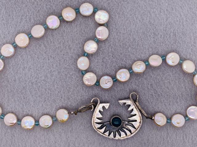 Sterling Silver and Stone Pendant on Pearl and Aquamarine Beaded Necklace