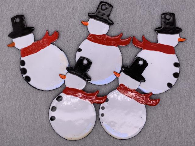 Enameled Copper Snowman Ornaments with Red Scarves