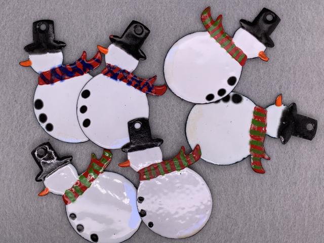 Enameled Copper Snowman Ornaments with Striped Scarves