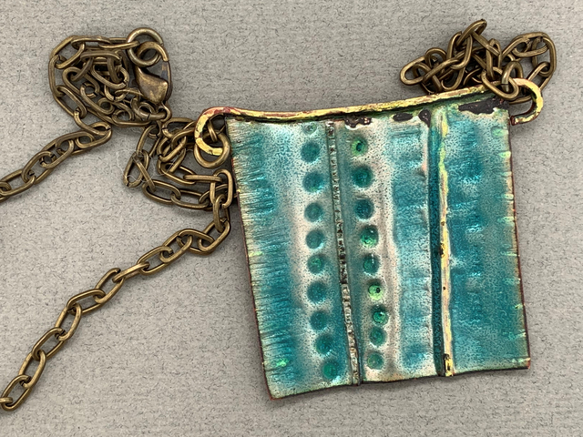 Teal Green Enameled Pendant on Brass Chain