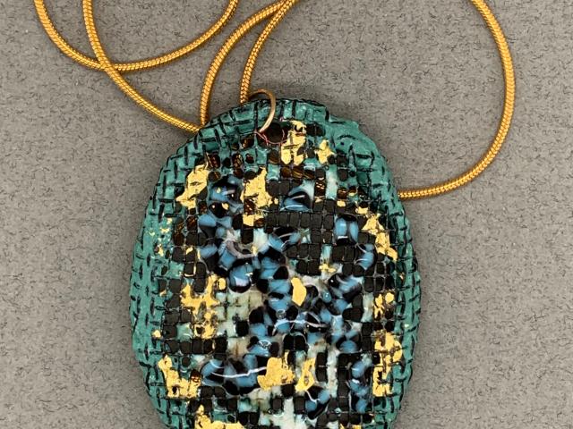 Teal, Black, Blue and Gold Oval Enamel and Beaded Pendant