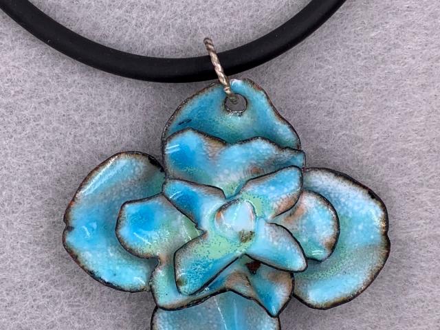 Copper Enameled Teal Flower Pendant