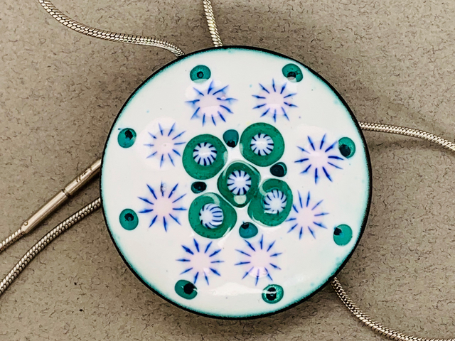 White and Green Enamel Beaded Disc Pendant