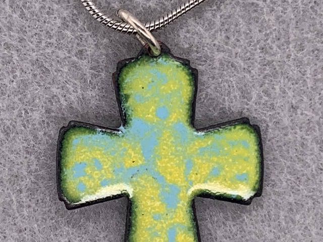 Yellow and Blue Enameled Copper Cross Pendant
