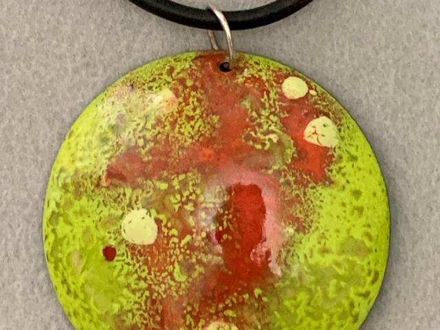 Yellow and Red Enameled Copper Disc Pendant with Leather Cord