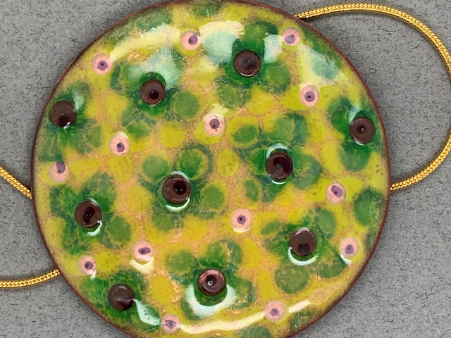 Yellow and Green Enameled Disc Pendant with Glass Beads