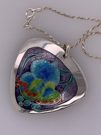 cloisonne enameled triangular silver pendant with sterling silver chain